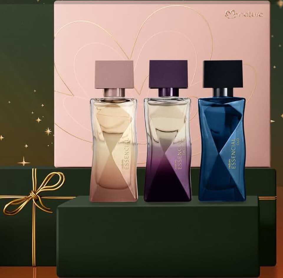 Natura Kit Miniaturas Essencial Feminino, 3 Fragrâncias Deo Parfum 25ml, Essencial + Exclusivo + Oud, Floral e Amadeirado, com Caixa Personalizada de Presente