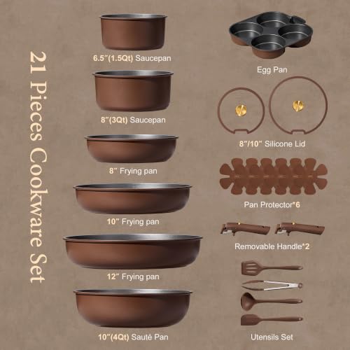 Image of CAROTE 21pcs Pots and Pans Set, Nonstick Cookware Set Detachable Handle, Induction Kitchen Cookware Sets Non Stick with Removable Handle, RV Cookware Set, Oven Safe, Brown