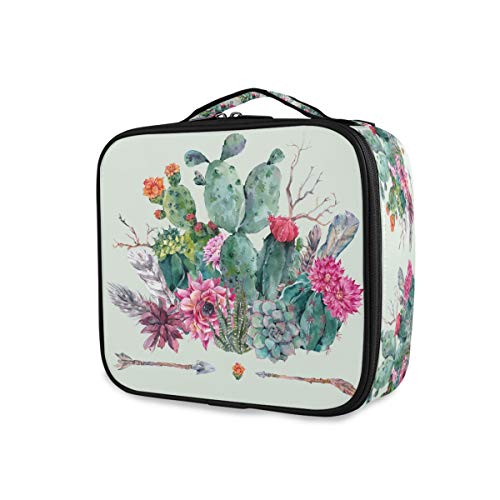 ALAZA Makeup Case Cactus Flowers Arrows Cosmetic Bag Organizer Travel Portable Storage Toiletry Bag Makeup Train Case with Adjustable Dividers for Teens Girls Women