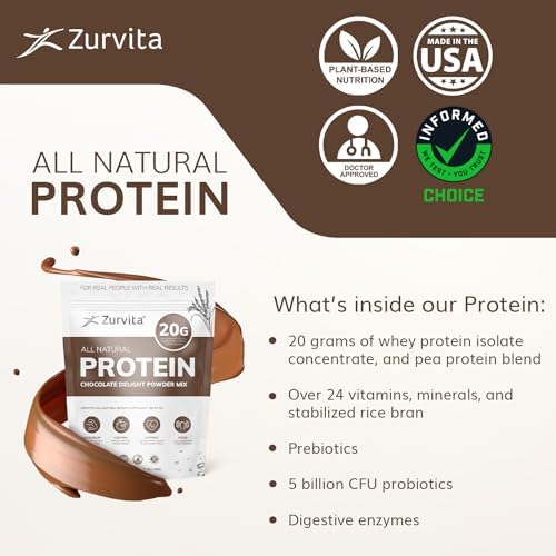 Zurvita - Chocolate Delight Protein Powder - 20g Protein, Probiotics, 24+ Vitamins and Minerals - No Artificial Sweeteners - 26oz (20 Servings)