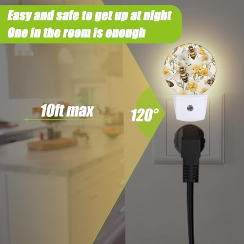 Image of Cute Bee Night Light,Watercolor Floral Night Lights Plug into Wall for Kitchens Toilets Bedroom Decorative Half Round Nightlight Led Lamp 0.5W Sleep Friendly