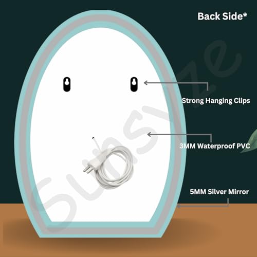 Image of Sunsyze LED Mirror for Bathroom, Washbasin and Office, 18x24 Wall Mounted Half Oval Shape Mirror with Light /3 Color Light (Warm, White and Natural Light) Brightness Adjustable