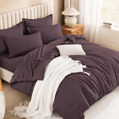 Image of Litanika King Size Comforter Set Plum - 7 Pieces Bed in a Bag King Bedding Comforter Sets, Solid Lightweight Bed Set with Comforter, Sheets, Pillowcases & Shams