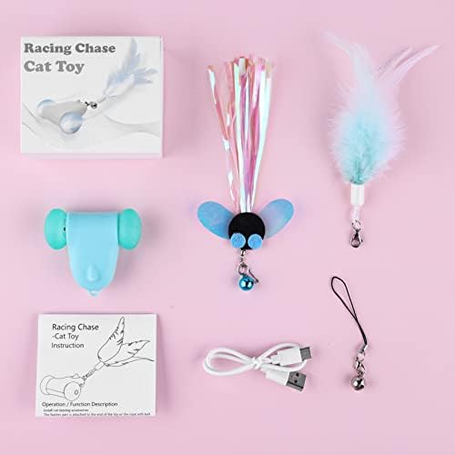 Interactive Cat Toy, FWLWTWSS Cat Toys for Indoor Cats Kitten Toys Automatic Cat Toy with Colorful LED Lights Electric Cat Mouse Toys Cat Exercise Toy With 3 Feather Bell Accessories, USB Rechargeable