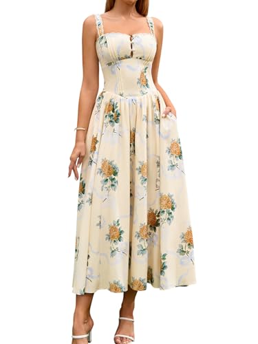 Image of KUTUMAI Women Summer Corset Midi Floral Wedding Guest Dresses with Pockets | Lace Neck, Smocked Back, Flowy A Line Sundress for 2026 Engagement Photoshoot Bridal Shower Garden Party