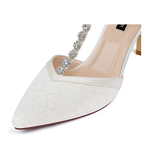 ERIJUNOR Women Lace Bridal Shoes Mid Heel with Rhinestones T-Strap Pointy Toe Satin Wedding Shoes4