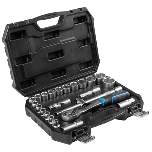 Image of Hogert Technik 24-Piece 1 /2 inch Drive Socket Set, Ratchet Wrench with 8-32 mm Sockets, Chrome Vanadium Steel, Carry Case for Workshop & Garage