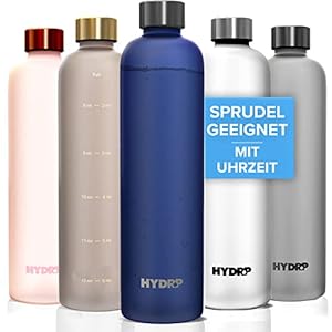 HYDROP® Trinkflasche 1L Kohlensäure geeignet & auslaufsicher [ULTRALEICHT] – 1 Liter Wasserflasche mit Zeitmarkierungen…