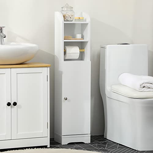 kleankin Armario de Baño Columna Auxiliar de Baño Armario Multiusos con Estante Ajustable y Portarrollos de Papel para Dormitorio 23x18x100 cm Blanco - imagen 2