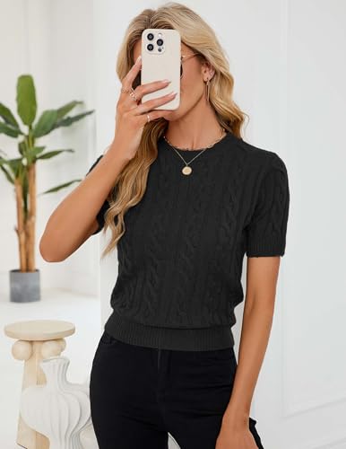 Image of Libsorge Womens Cropped Short Sleeve Sweater Fall 2025 Crewneck Sheer Knit Tops - Lightweight, Thin, Crop, Slim Fit