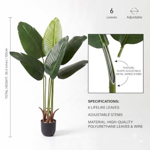 Image of Dekorly Premium Artificial 6 Green Leaves Banana Tree Plant with Black Pot, 100 cm (39.3 Inch) - Elegant Faux Indoor Tropical Plant for Home & Office Decoration