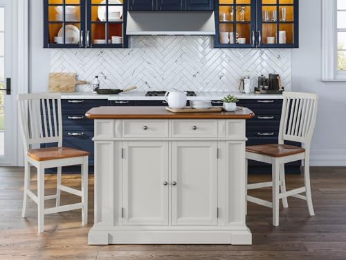 Americana White and Distressed Oak Kitchen Island and Stools by Home Styles