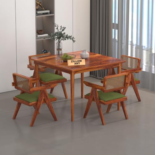 Image of Wooden Dining Table Set with 4 Chairs, Natural Oak, Rectangular, Modern Style, Cane Back Chairs with Cushions (Table (100 cm x 100 cm x 76 cm) + 4 Pierre Chairs,Cushion Valvet)
