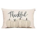 GTEXT Fall Throw Pillow Cover Autumn Decor Thankful with White Pumpkins Pillow Cover 20x12 inch Outdoor Pillow Linen Square for Cushion,Sofa Fall