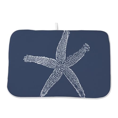 Coastal Beach Dish Drying Mat 18 x 24 inch, Summer Navy Blue Starfish Decorative Drying Mats Microfiber Absorbent Dish Washable Draining Mat for Kitchen Counter Decor