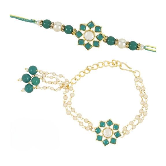Image of I Jewels Designer Kundan & Pearl Hanging Bhaiya Bhabhi Lumba Rakhi Combo Set For Rakshabandhan (R108-CO)