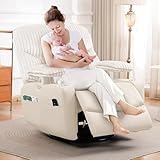 GRAINELL Rocking Chair Nursery, Electric Swivel Recliner Glider with Adjustable Armrests, Nursing Chair with USB Charger, Cup & Blanket Holders, Beige Corduroy & PU Leather