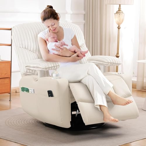 GRAINELL Rocking Chair Nursery, Electric Swivel Recliner Glider with Adjustable Armrests, Nursing Chair with USB Charger, Cup & Blanket Holders, Beige Corduroy & PU Leather