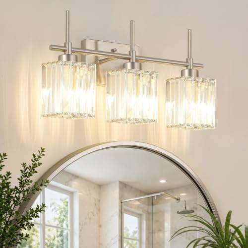 Image of Torondo Modern Crystal Bathroom Vanity Light 3-Light Brushed Nickel Bathroom Light Fixtures Over Mirror Vanity Lighting Fixtures Square Shade Wall Sconce (Bulbs Not Include)