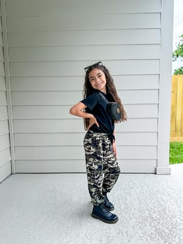 Image of Arshiner Girls 2 Piece Outfits Short Sleeve Tie Knot Front Tee Tops and Cargo Jogger Pants Set Kids Clothing Sets