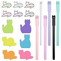 Oupados Sticky Notes Set - 180 Sheets, 6 Pads with Self Stick Notes, Cat Stationery, Gel Pen, Paper Clips for Kids, School, Office
