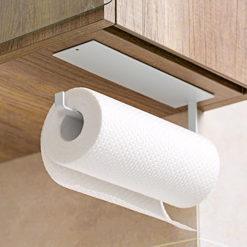 Paper Towel Holder Under Cabinet, Self-Adhesive or Drilling, Kitchen Roll Holder Wall Mounted, Wall Mounted Paper Towel Rack for Kitchen Bathroom (White)