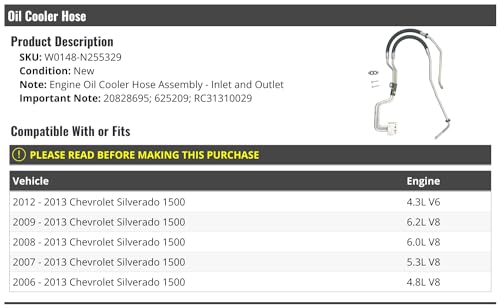 Marketplace Auto Parts Inlet and Outlet Oil Cooler Hose - Compatible with 2006-2013 Chevy Silverado 1500