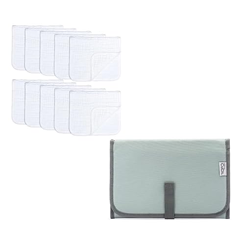 Comfy Cubs Paños de muselina para eructos, grandes, 100% algodón, para bebés, color blanco, paquete de 10 unidades y cambiador de bebé, almohadillas