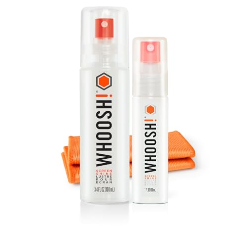 WHOOSH! Kit Limpiador de Pantalla – Mejor para – Smartphones, iPads, anteojos, lectores electrónicos, LED, LCD y televisores – Incluye 100 ml+ 30 ml Botellas + 2 paños Premium