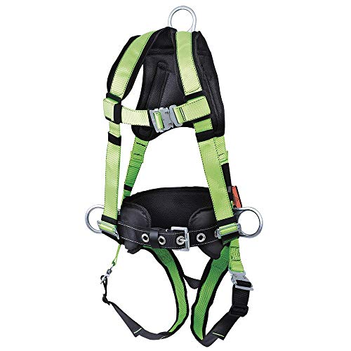 Peakworks Fall Protection Full Body Padded Safety Harness with Back Support, Positioning Belt, Back & Side D-Rings, Stab Lock Buckles, Hi Vis Green/Black, Large, V8255623