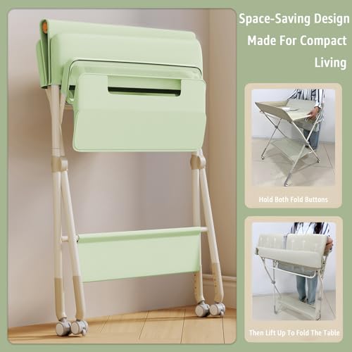 Image of Changing Table, Portable Baby Changing Table with Wheels, Upgraded Foldable Diaper Changing Station with 5-Level Adjustable Height & Large Nursery Organizer Storage for Newborn Infant (Green)