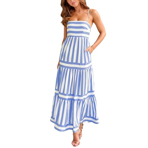 Image of Yuemengxuan Boho Maxi Dresses for Women Spaghetti Strap Flowy Smocked Long Dress Casual Summer Vacation Beach Maxi Dress