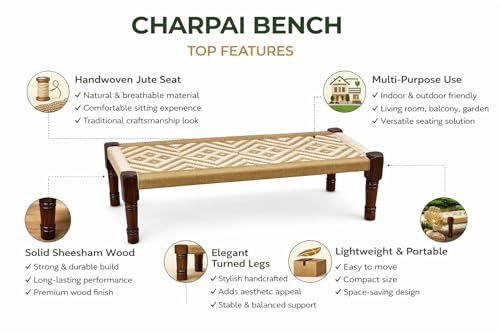 Image of Handwoven Wooden Bench | Traditional Rope Charpai Stool | Solid Wood Frame Seating for Living Room, Balcony & Outdoor | Durable & Stylish Design (White with Jute)