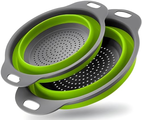 Juego de coladores plegables de silicona, coladores de cocina para pasta y verduras, 2 piezas, resistentes al calor (verde)