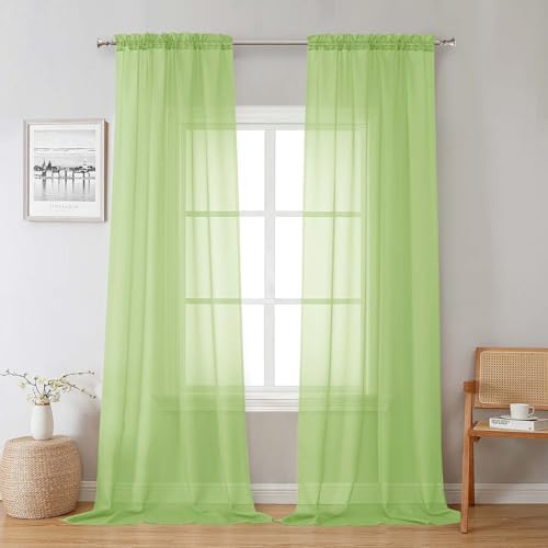 Lecloud Lime Sheer Curtains 96 Inches Long 2 Panels, Dual Rod Pockets Living Room Decor Light Filtering Curtains, Elegant Solid Color Window Treatment Drapes for Bedroom, Each Panel 42" W x 96" L