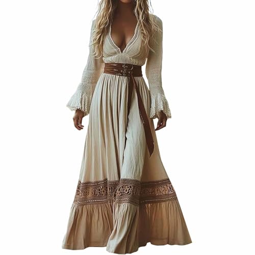 Chanpning Maxikleider Damen Sommer Lang Boho Kleid Vintage Rustikaler Stil Maxikleid V-Ausschnitt Kleider mit Blumenmuster Freizeitkleid Langarm...
