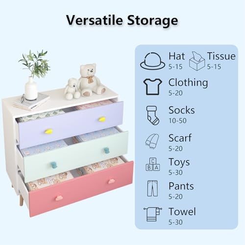Image of 3-Drawer Chest of Drawers with Colorful Cartoon Handles, Anti-Dumping White Dresser with Solid Wood Legs,Storage Cabinet for Living Room, Closet, Apartment