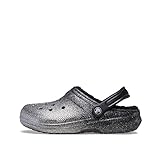Crocs Classic Lined Glitter Unisex Clog Shoes - Faux Fur Lining - Lightweight Construction - Slip-on Style Black/Sliver Glitter Men's 7, Women's 9 Medium