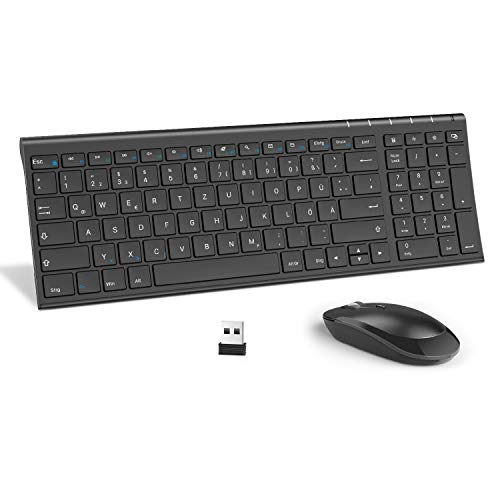 Jelly Comb Tastatur und Maus kabellos, 2.4Ghz Wireless Tastatur Maus Set, Ultra Dünn QWERTZ Funktastatur für PC, Desktop, Notebook, Laptop, Windows XP/7/8/10(Schwarz)