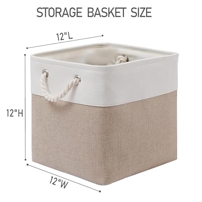 12 x 12 Inch Cube Storage Bins, 6 Pack Large Collapsible Fabric Storage Bin with Ropes, Foldable Storage Cubes for Home, Office,Closet, Clothes, Toys Organizer (White & Beige)