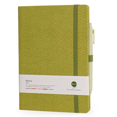 Image of COMMA Abaca - A5 Size - Checks Hard Bound Notebook with Pen & Elastic Band Closure - 192 Pages - 80gsm Natural Shade Paper - Textured Cover Material - (Green)
