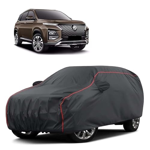 Image of Sulfar 100% Water Resistant Car Body Cover Compatible with Mirror for MG Hector (Triple Stitched, Full Bottom Elastic, Dark Grey Taffeta with Red Piping)