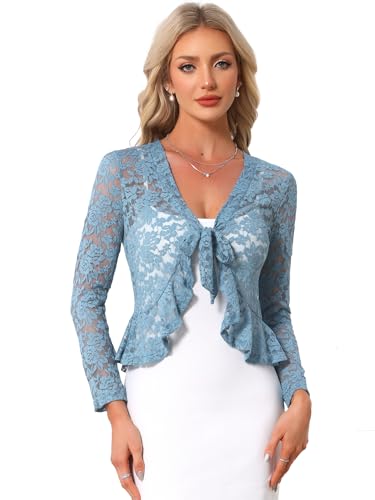 Image of Allegra K Bolero Shrug for Women's Lace Cardigan Tie Front Crop Ruffled Formal Dressy Wedding Shrugs