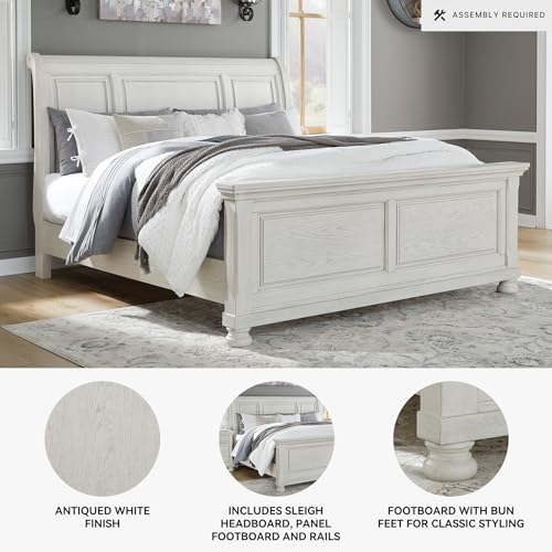 Image of Signature Design by Ashley Robbinsdale Queen Sleigh Bed, Antique White | Select oak veneer and solid wood components, Grain texture, Traditional sleigh queen bed, Requires box spring