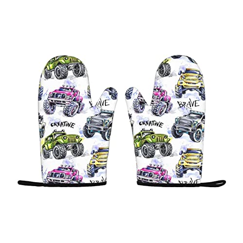 Silicone Oven Mitts Monster Cars Trucks Heat-Resistant Non-Slip Cotton Lining Oven Gloves Set Of 2 Comfort Safety Durable Kitchen Pot Holder For Bbq Cooking Baking Grilling #TOP5