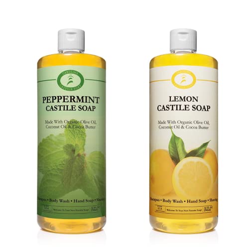 Peppermint and Lemon Castile Soap Liquid Bundle - 32 oz - Carolina Castile Soap - Vegan & Pure Organic Concentrated Non Drying All Natural Formula Body Wash & Shampoo