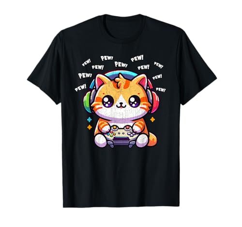 Cat Gamer Pew T-Shirt Boys Men Girls Vintage Video Games