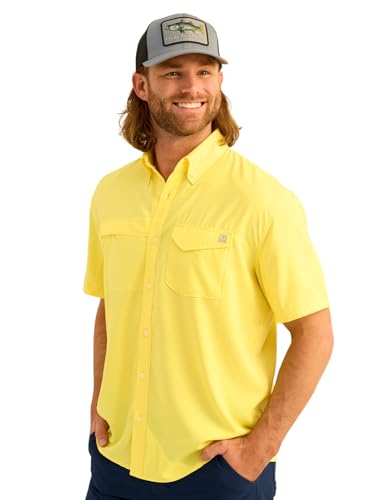 Image of HUK Men's Tide Point Kc Scott Original Artwork Short Sleeve Shirt, Fishing Button Down