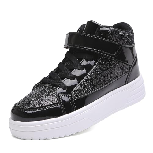 Nihaoya Toddler Walking Shoes High Top Kids Sneakers Boys Fashion Glitter Kids Tennis Shoes with Sequin Black Size 12.5 Little Kid