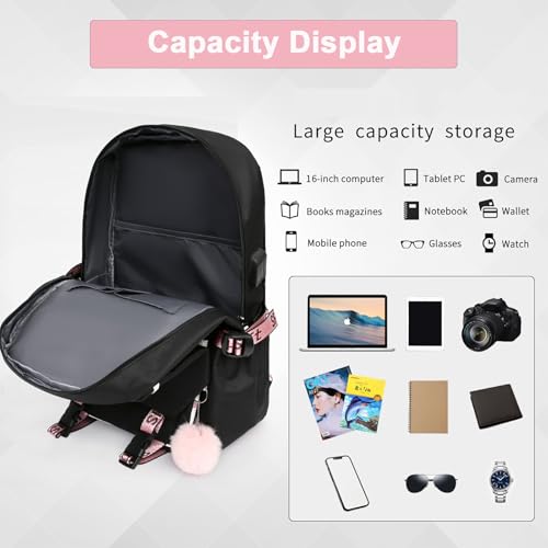 Suteke Mochila anime para laptop, mochila feminina universitária, com porta USB, resistente à água,